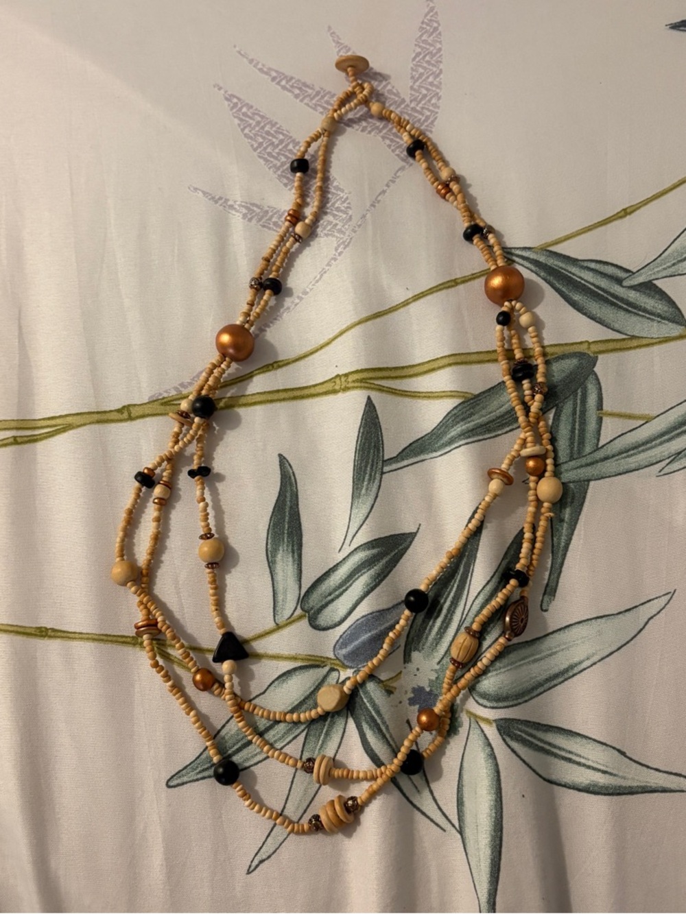 Multi-Strand Handmade Wooden Bronze, Beige, and Black Beaded Boho Necklace